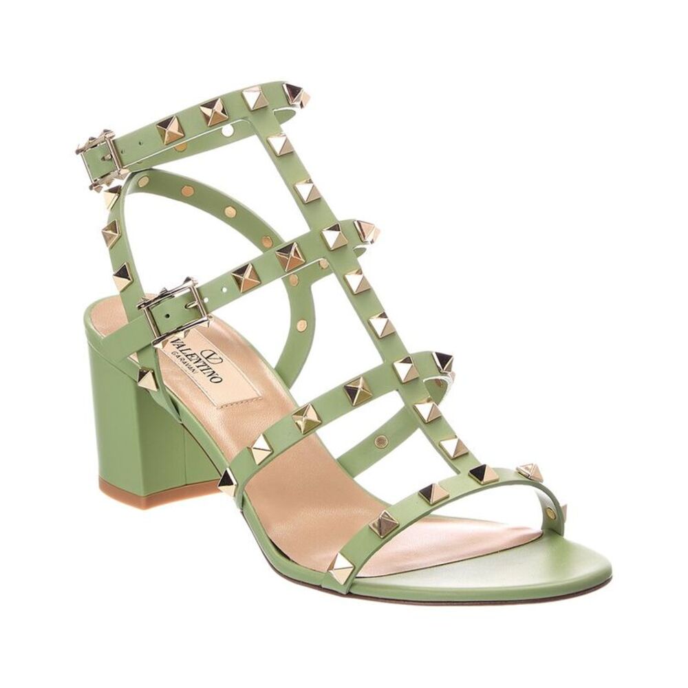 Valentino Rockstud Caged 64 Leather Ankle Strap Sandal, Green